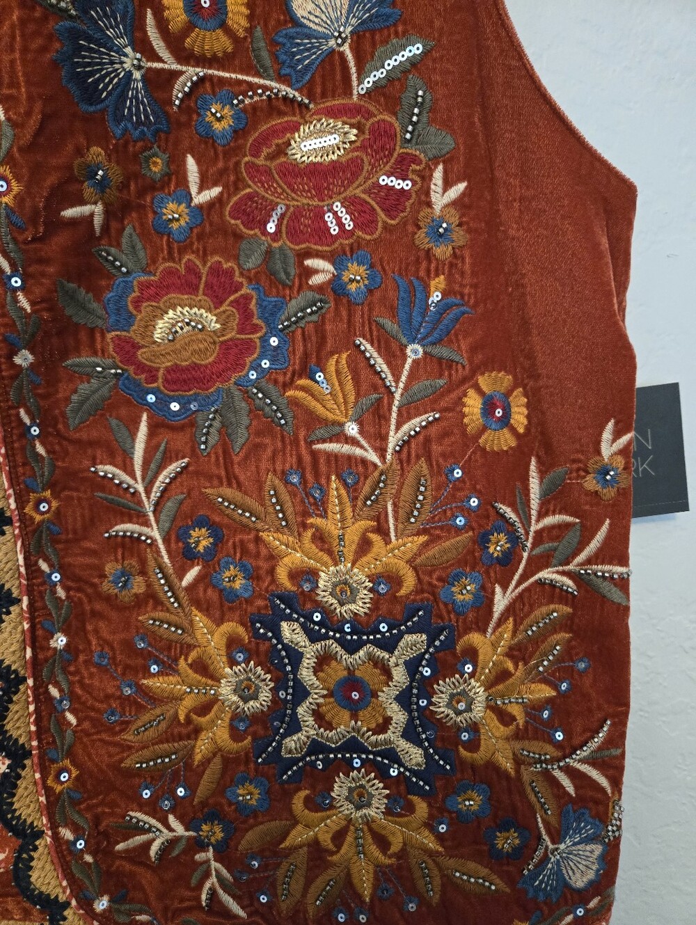 John Mark Embroidered Velvet Beaded Floral And Patchwork Plaid Open Front Vest - Picture 4 of 6